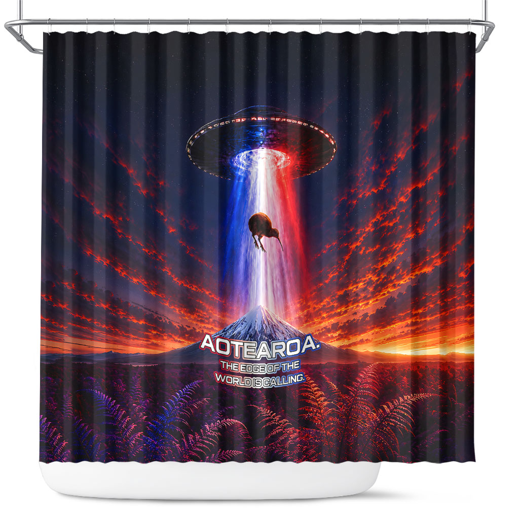 New Zealand Aotearoa Kiwi UFO Shower Curtain Sci-Fi Galaxy Sunset Sky Tower And Mountain