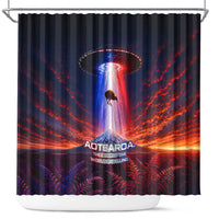 New Zealand Aotearoa Kiwi UFO Shower Curtain Sci-Fi Galaxy Sunset Sky Tower And Mountain