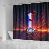New Zealand Aotearoa Kiwi UFO Shower Curtain Sci-Fi Galaxy Sunset Sky Tower And Mountain