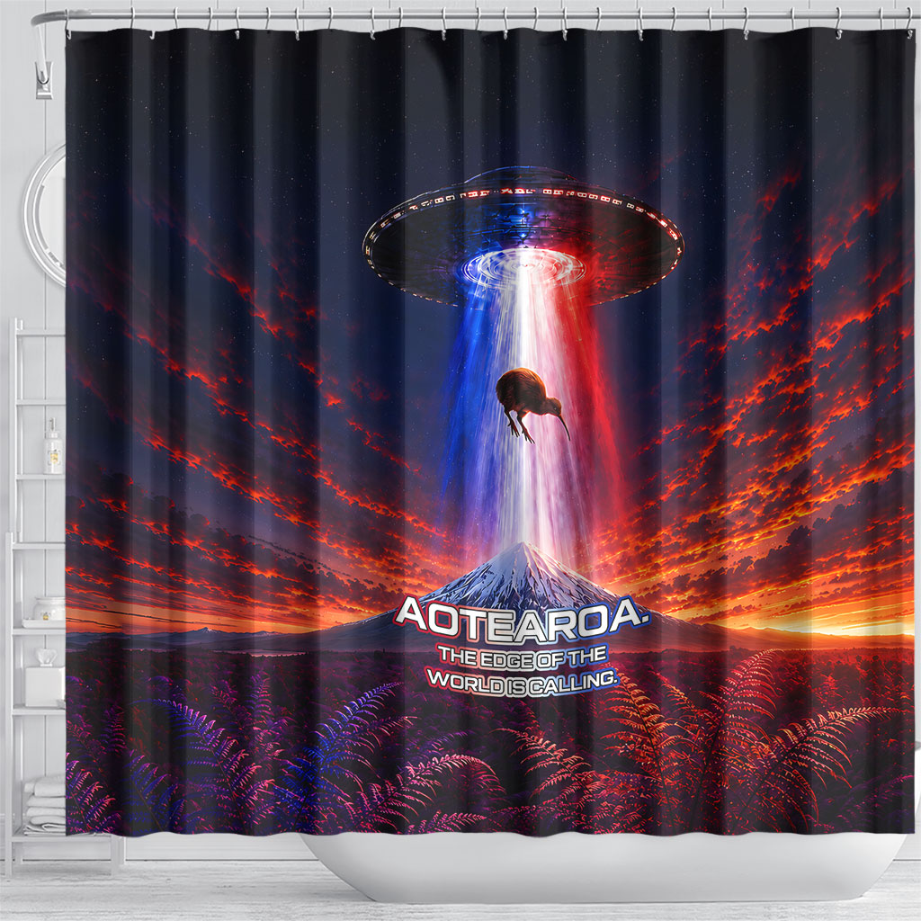 New Zealand Aotearoa Kiwi UFO Shower Curtain Sci-Fi Galaxy Sunset Sky Tower And Mountain