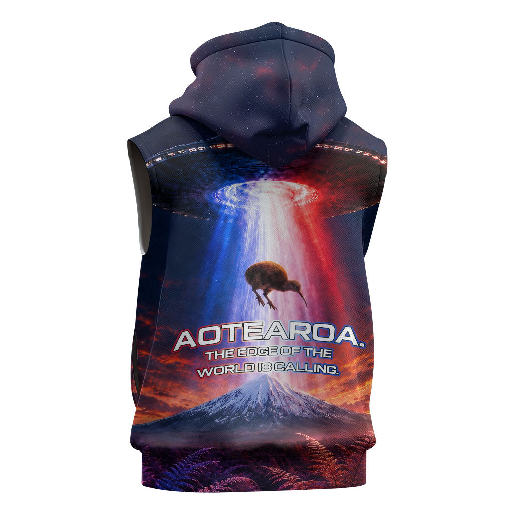 New Zealand Aotearoa Kiwi UFO Sleeveless Hoodie Sci-Fi Galaxy Sunset Sky Tower And Mountain