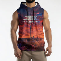 New Zealand Aotearoa Kiwi UFO Sleeveless Hoodie Sci-Fi Galaxy Sunset Sky Tower And Mountain