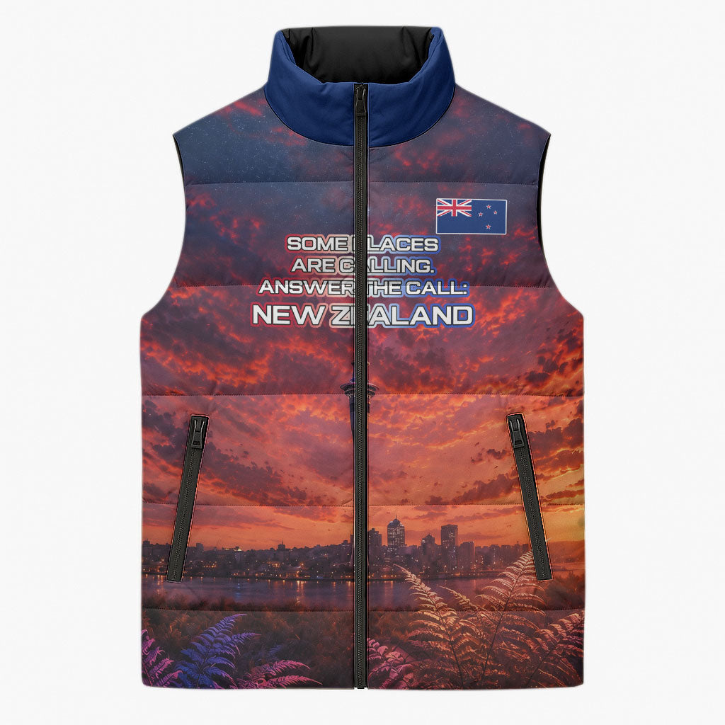 New Zealand Aotearoa Kiwi UFO Sleeveless Puffer Jacket Sci-Fi Galaxy Sunset Sky Tower And Mountain