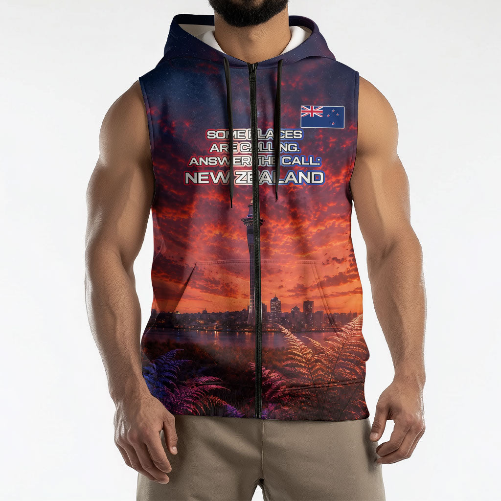 New Zealand Aotearoa Kiwi UFO Sleeveless Zip Hoodie Sci-Fi Galaxy Sunset Sky Tower And Mountain
