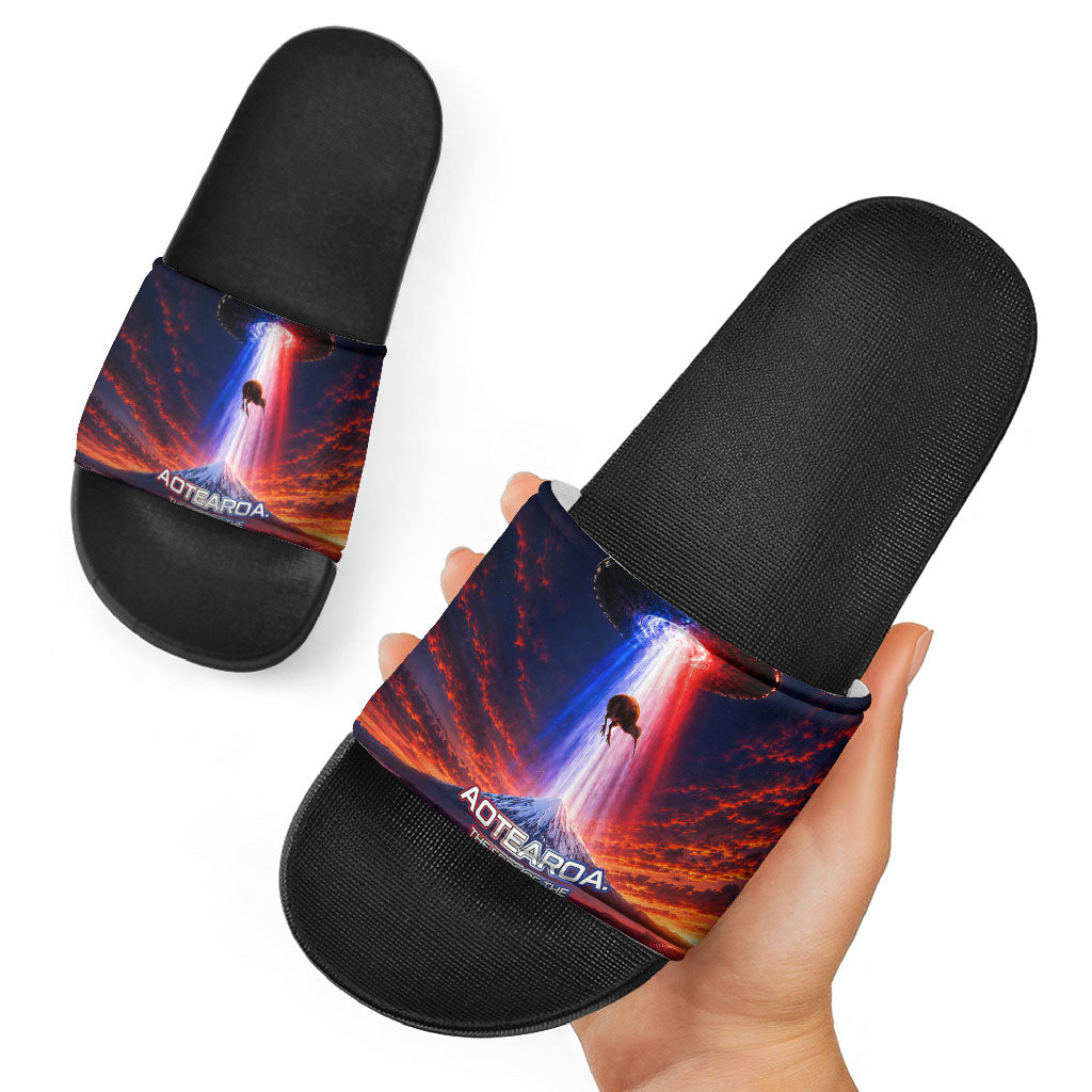 New Zealand Aotearoa Kiwi UFO Slide Sandals Sci-Fi Galaxy Sunset Sky Tower And Mountain