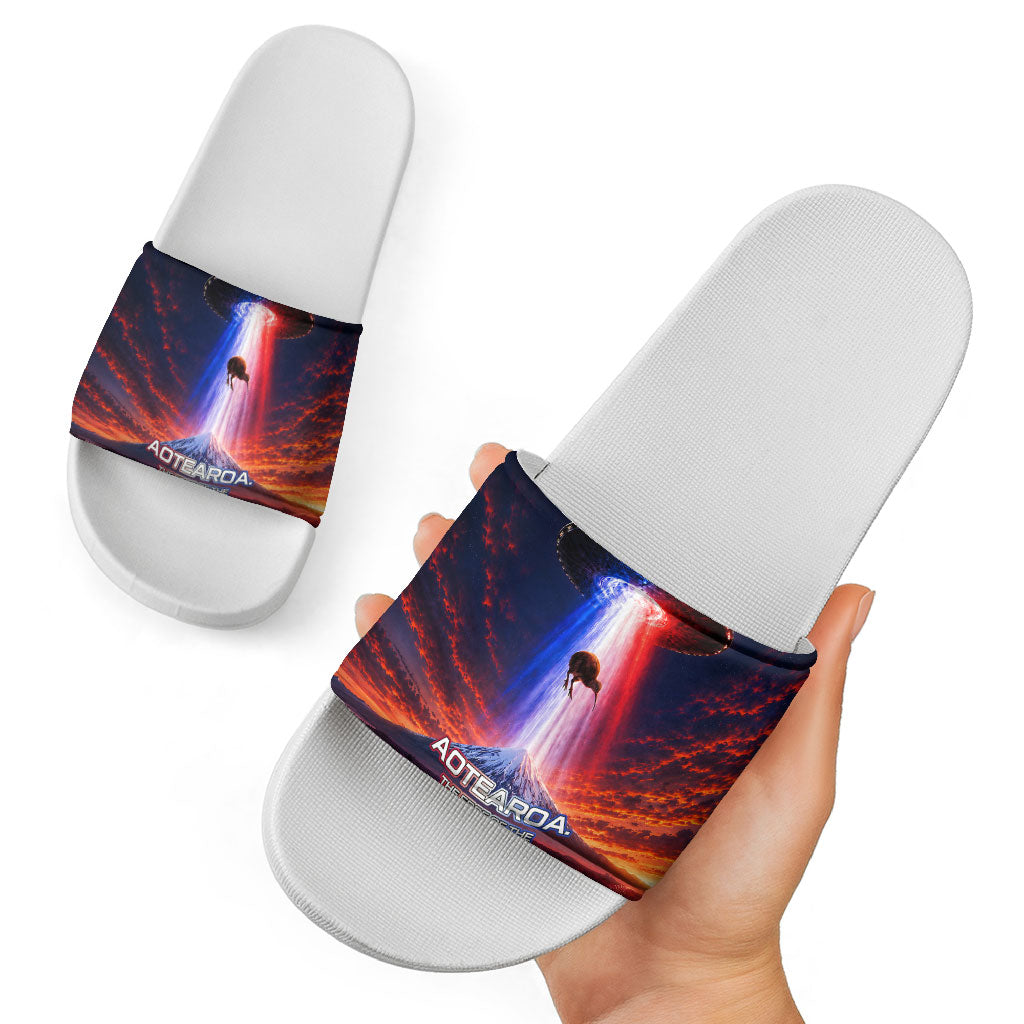 New Zealand Aotearoa Kiwi UFO Slide Sandals Sci-Fi Galaxy Sunset Sky Tower And Mountain