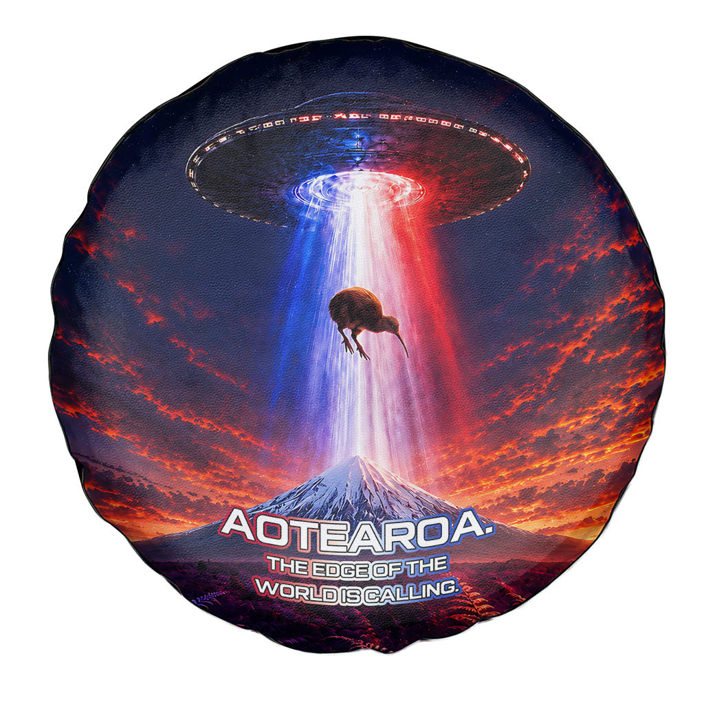 New Zealand Aotearoa Kiwi UFO Spare Tire Cover Sci-Fi Galaxy Sunset Sky Tower And Mountain