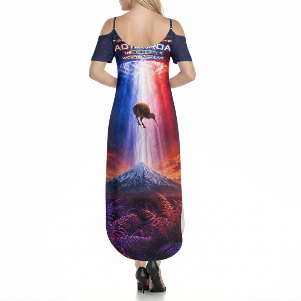 New Zealand Aotearoa Kiwi UFO Summer Maxi Dress Sci-Fi Galaxy Sunset Sky Tower And Mountain