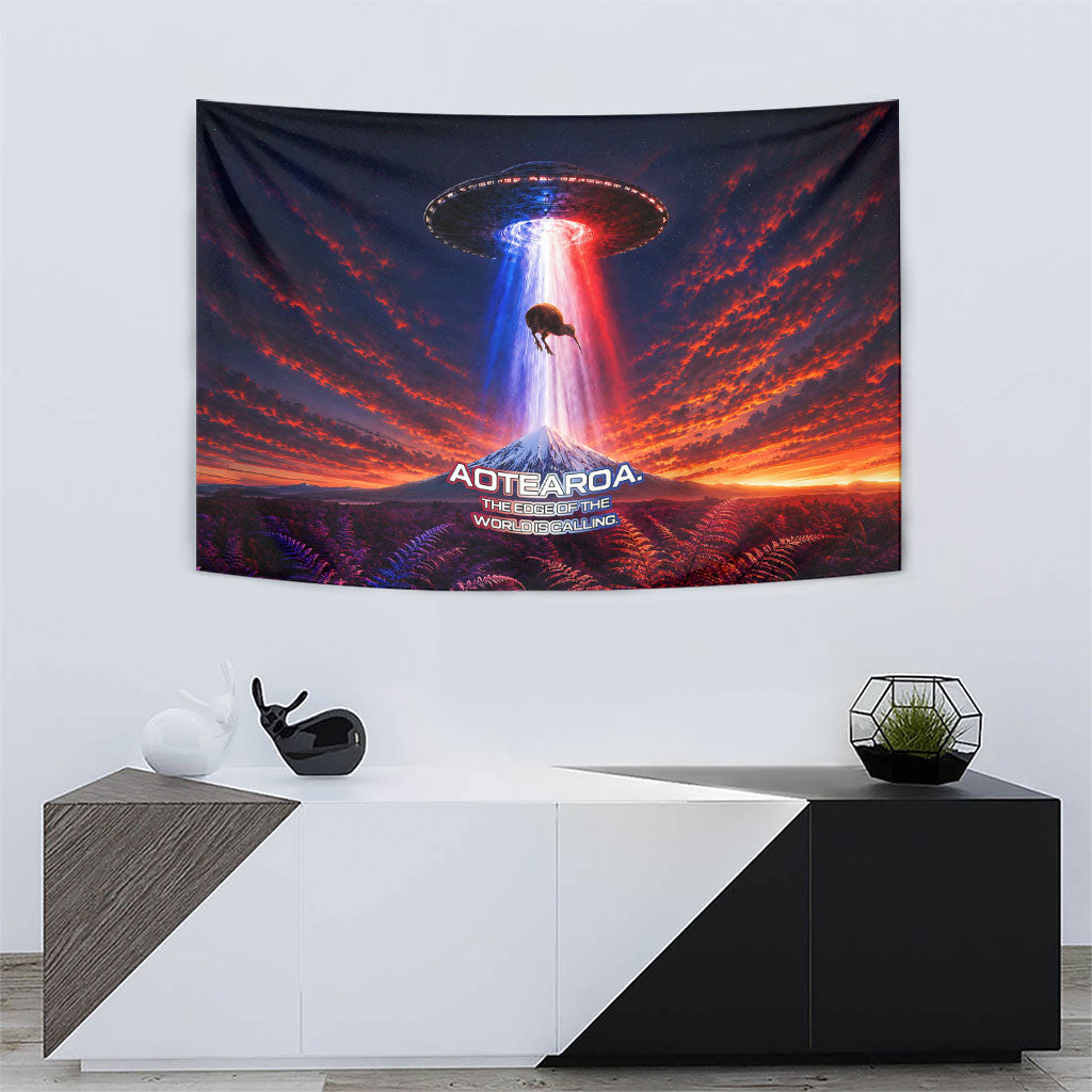 New Zealand Aotearoa Kiwi UFO Tapestry Sci-Fi Galaxy Sunset Sky Tower And Mountain