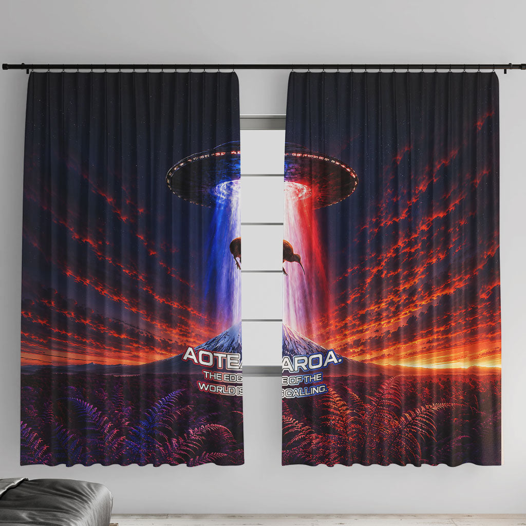 New Zealand Aotearoa Kiwi UFO Window Curtain Sci-Fi Galaxy Sunset Sky Tower And Mountain