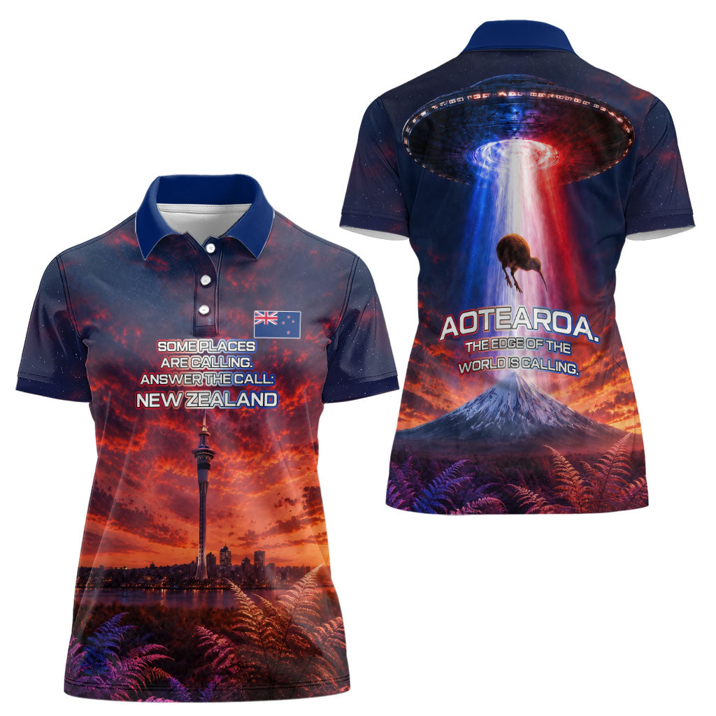 New Zealand Aotearoa Kiwi UFO Women Polo Shirt Sci-Fi Galaxy Sunset Sky Tower And Mountain