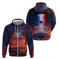 New Zealand Aotearoa Kiwi UFO Zip Hoodie Sci-Fi Galaxy Sunset Sky Tower And Mountain