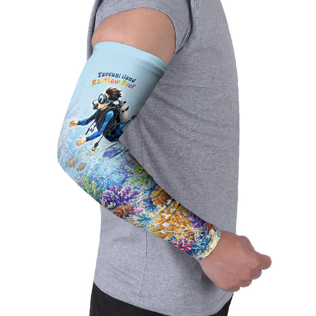 Fiji Taveuni Rainbow Reef Arm Sleeves Scuba Diver Vibrant Undersea Coral Garden Watercolor