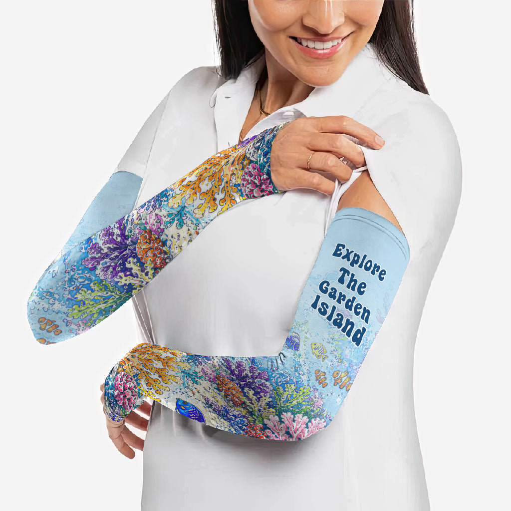 Fiji Taveuni Rainbow Reef Arm Sleeves Scuba Diver Vibrant Undersea Coral Garden Watercolor