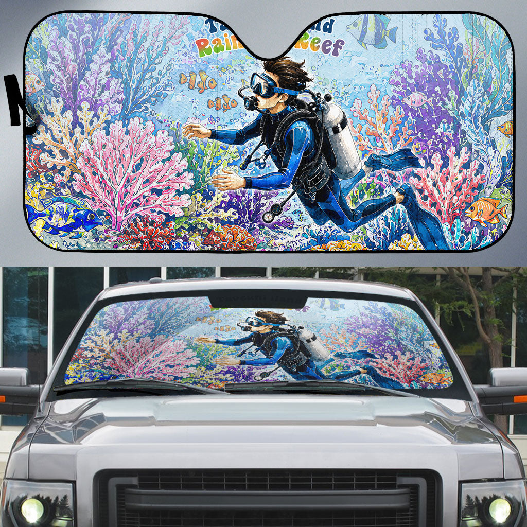 Fiji Taveuni Rainbow Reef Auto Sun Shade Scuba Diver Vibrant Undersea Coral Garden Watercolor