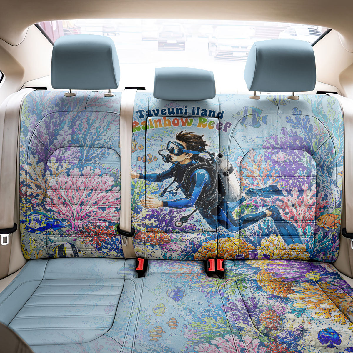 Fiji Taveuni Rainbow Reef Back Car Seat Cover Scuba Diver Vibrant Undersea Coral Garden Watercolor