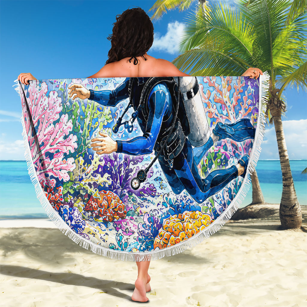 Fiji Taveuni Rainbow Reef Beach Blanket Scuba Diver Vibrant Undersea Coral Garden Watercolor