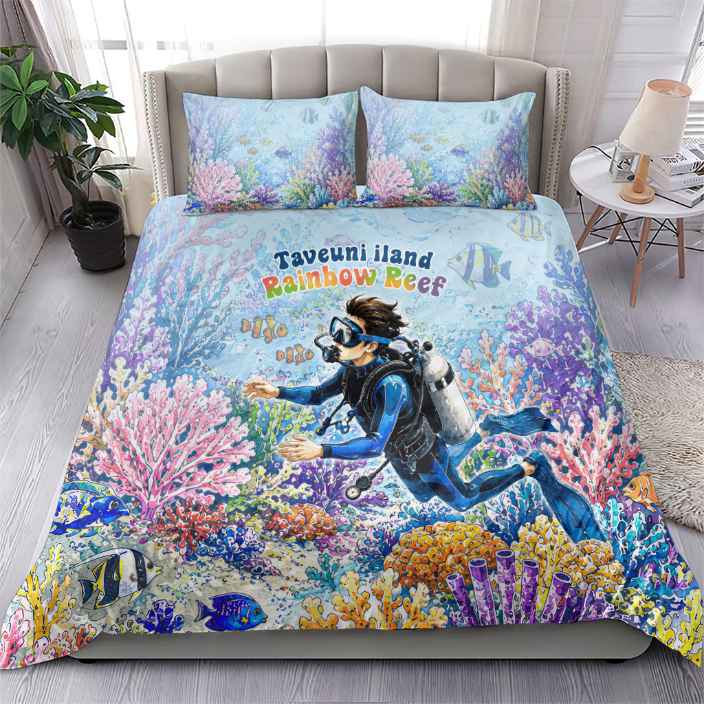 Fiji Taveuni Rainbow Reef Bedding Set Scuba Diver Vibrant Undersea Coral Garden Watercolor