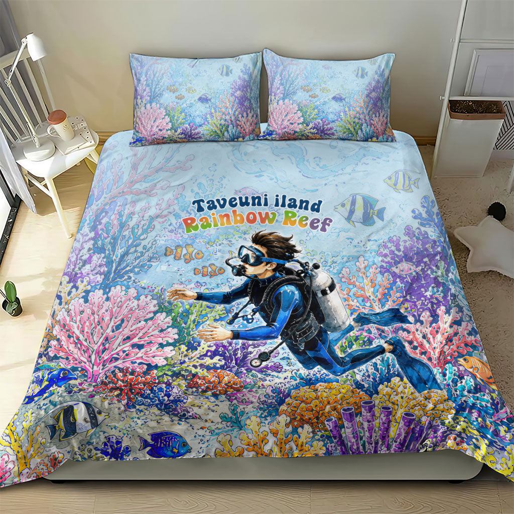 Fiji Taveuni Rainbow Reef Bedding Set Scuba Diver Vibrant Undersea Coral Garden Watercolor