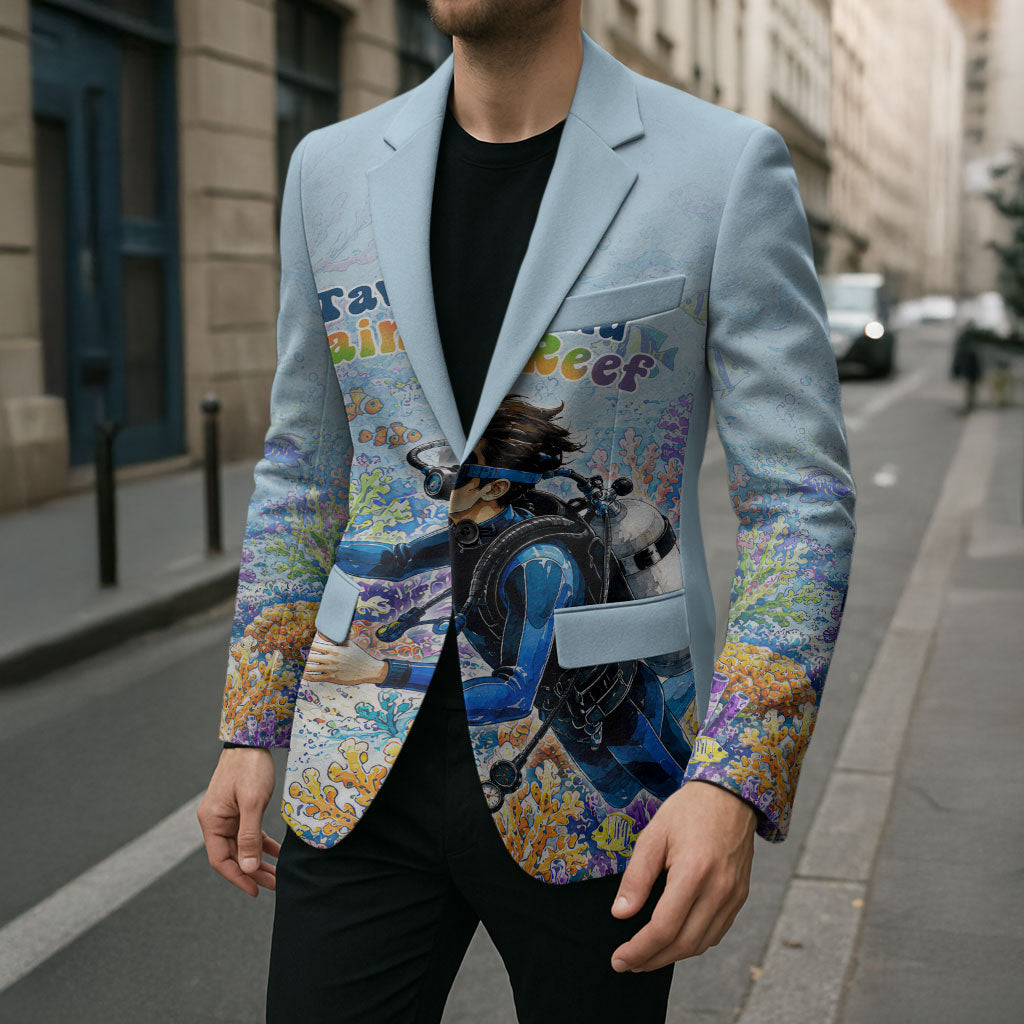Fiji Taveuni Rainbow Reef Blazer Scuba Diver Vibrant Undersea Coral Garden Watercolor
