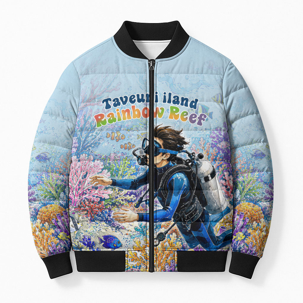 Fiji Taveuni Rainbow Reef Bomber Puffer Jacket Scuba Diver Vibrant Undersea Coral Garden Watercolor