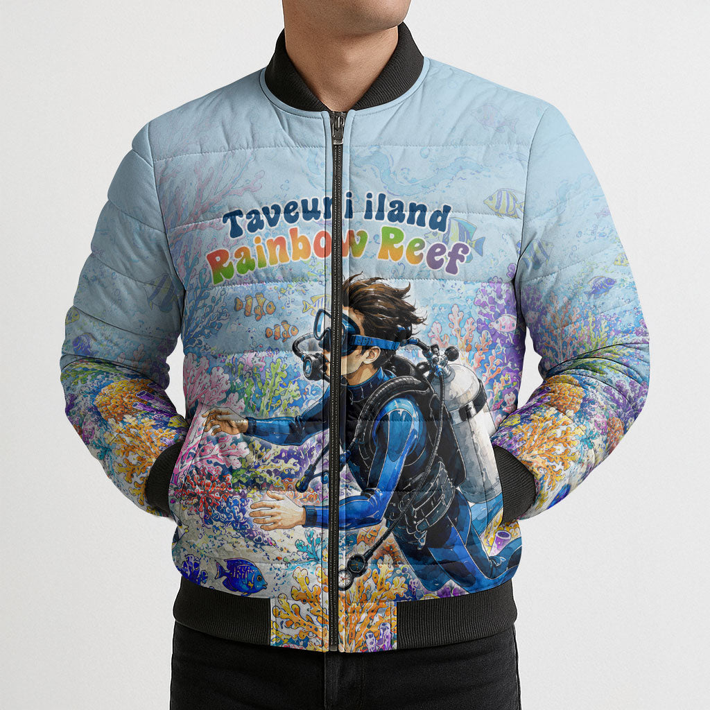 Fiji Taveuni Rainbow Reef Bomber Puffer Jacket Scuba Diver Vibrant Undersea Coral Garden Watercolor