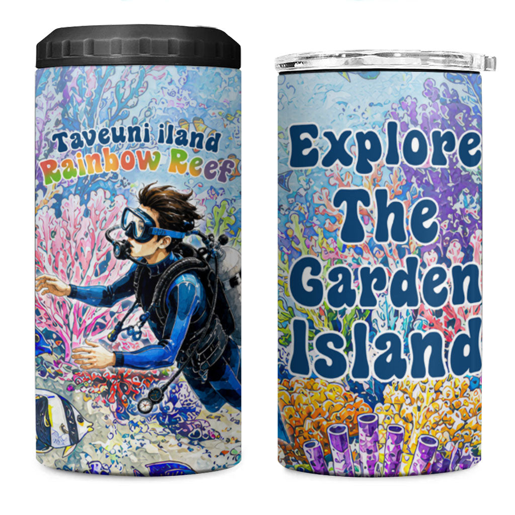 Fiji Taveuni Rainbow Reef 4 in 1 Can Cooler Tumbler Scuba Diver Vibrant Undersea Coral Garden Watercolor