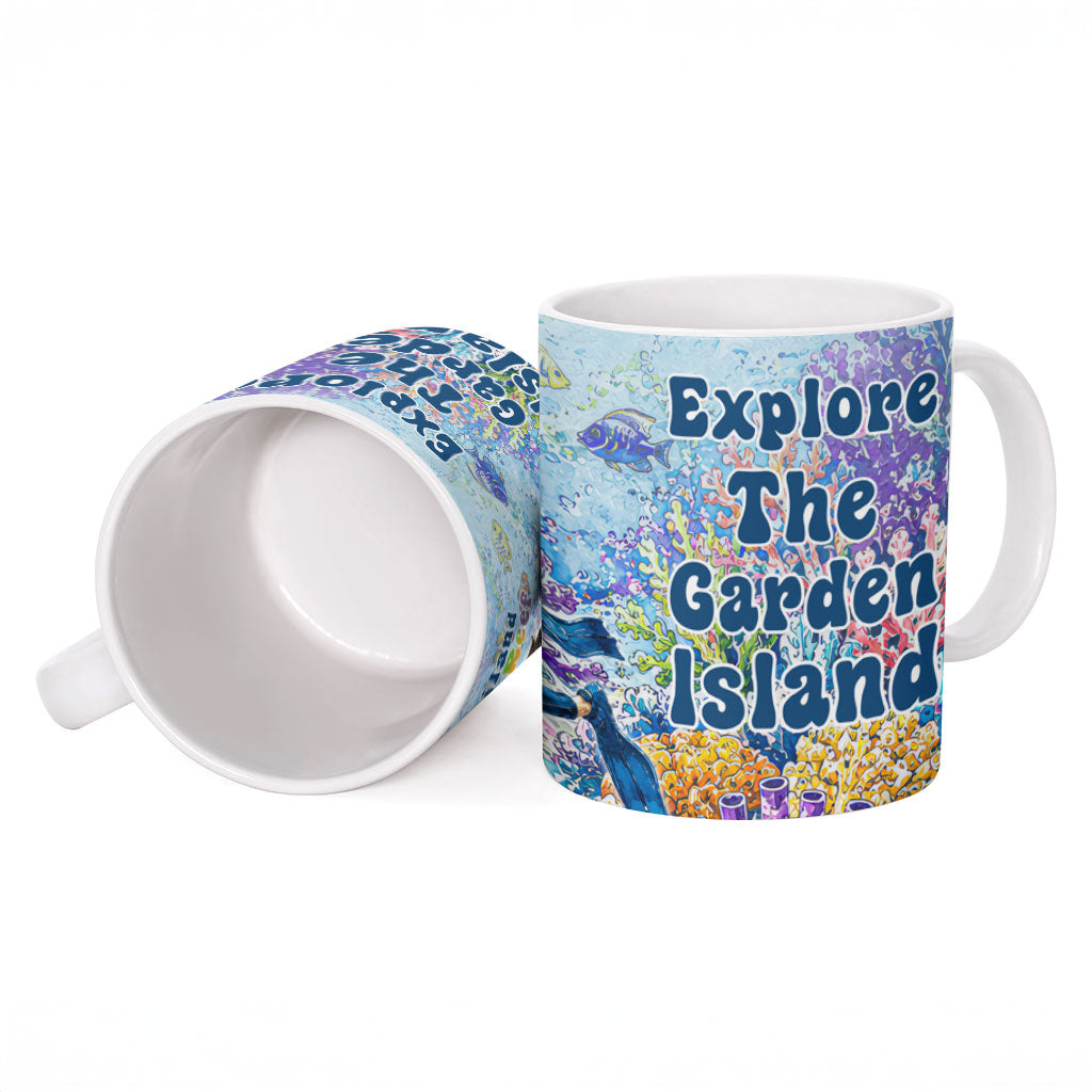 Fiji Taveuni Rainbow Reef Ceramic Mug Scuba Diver Vibrant Undersea Coral Garden Watercolor