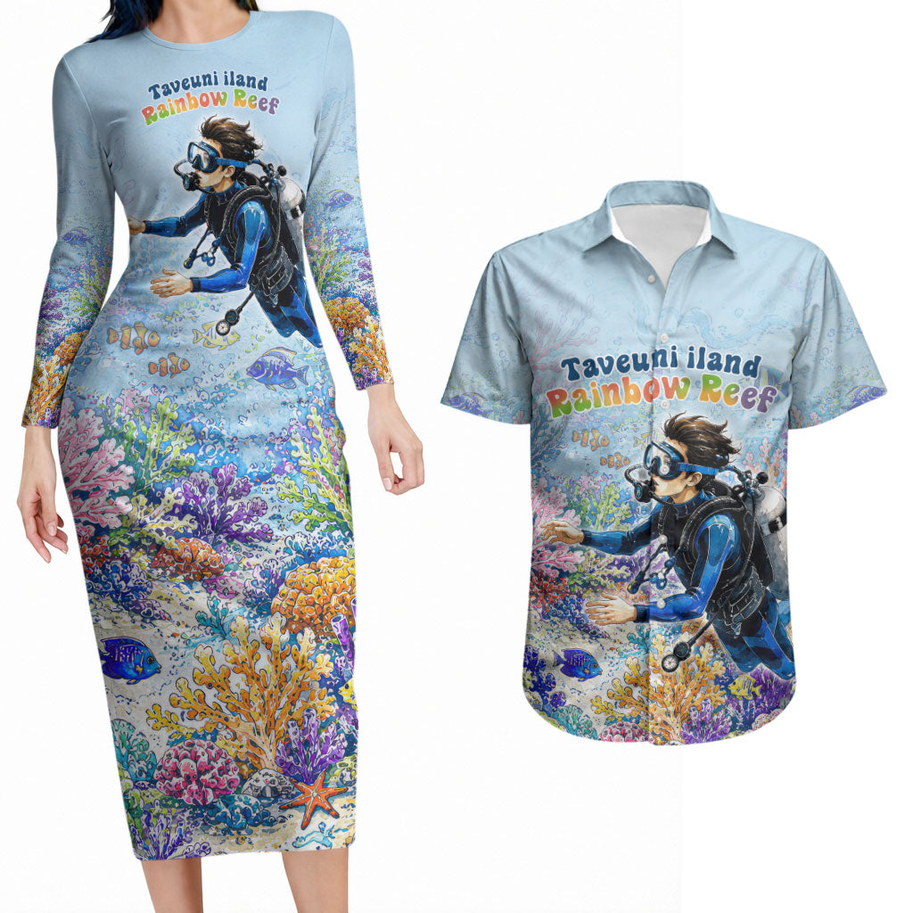 Fiji Taveuni Rainbow Reef Couples Matching Long Sleeve Bodycon Dress and Hawaiian Shirt Scuba Diver Vibrant Undersea Coral Garden Watercolor