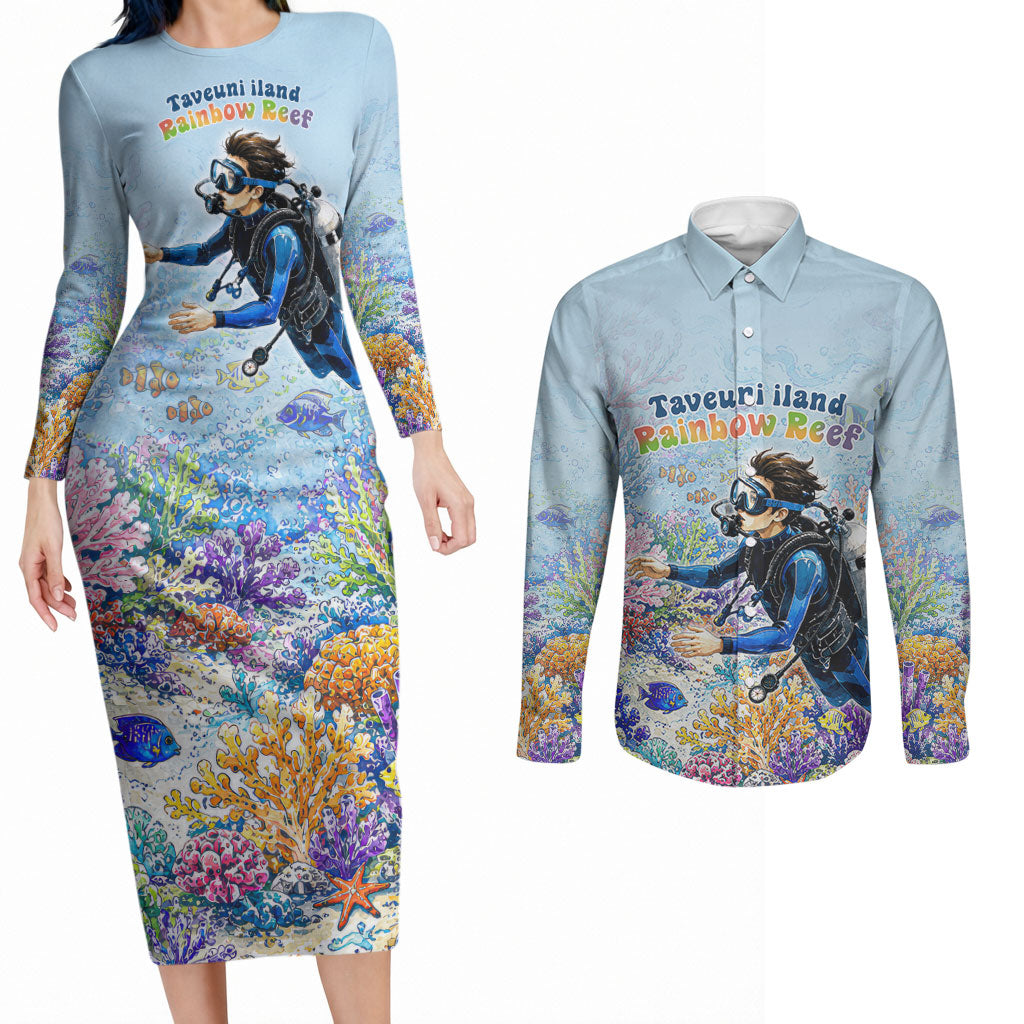 Fiji Taveuni Rainbow Reef Couples Matching Long Sleeve Bodycon Dress and Long Sleeve Button Shirt Scuba Diver Vibrant Undersea Coral Garden Watercolor