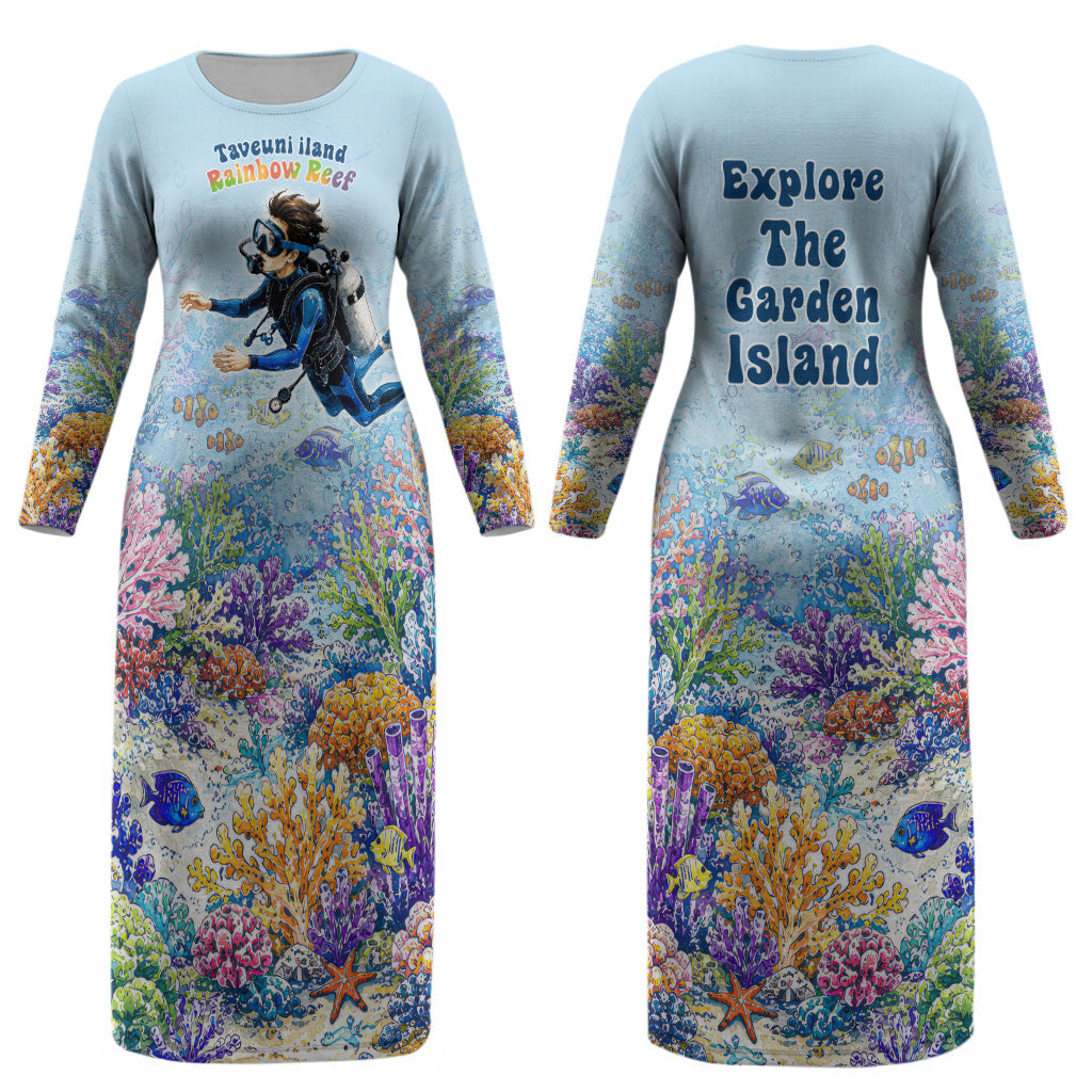 Fiji Taveuni Rainbow Reef Couples Matching Long Sleeve Bodycon Dress and Long Sleeve Button Shirt Scuba Diver Vibrant Undersea Coral Garden Watercolor