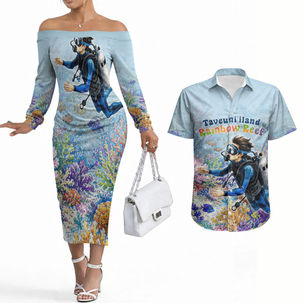 Fiji Taveuni Rainbow Reef Couples Matching Off The Shoulder Long Sleeve Dress and Hawaiian Shirt Scuba Diver Vibrant Undersea Coral Garden Watercolor