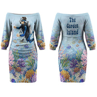 Fiji Taveuni Rainbow Reef Couples Matching Off The Shoulder Long Sleeve Dress and Long Sleeve Button Shirt Scuba Diver Vibrant Undersea Coral Garden Watercolor