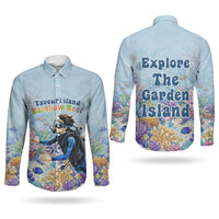 Fiji Taveuni Rainbow Reef Couples Matching Puletasi and Long Sleeve Button Shirt Scuba Diver Vibrant Undersea Coral Garden Watercolor