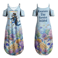 Fiji Taveuni Rainbow Reef Couples Matching Summer Maxi Dress and Hawaiian Shirt Scuba Diver Vibrant Undersea Coral Garden Watercolor