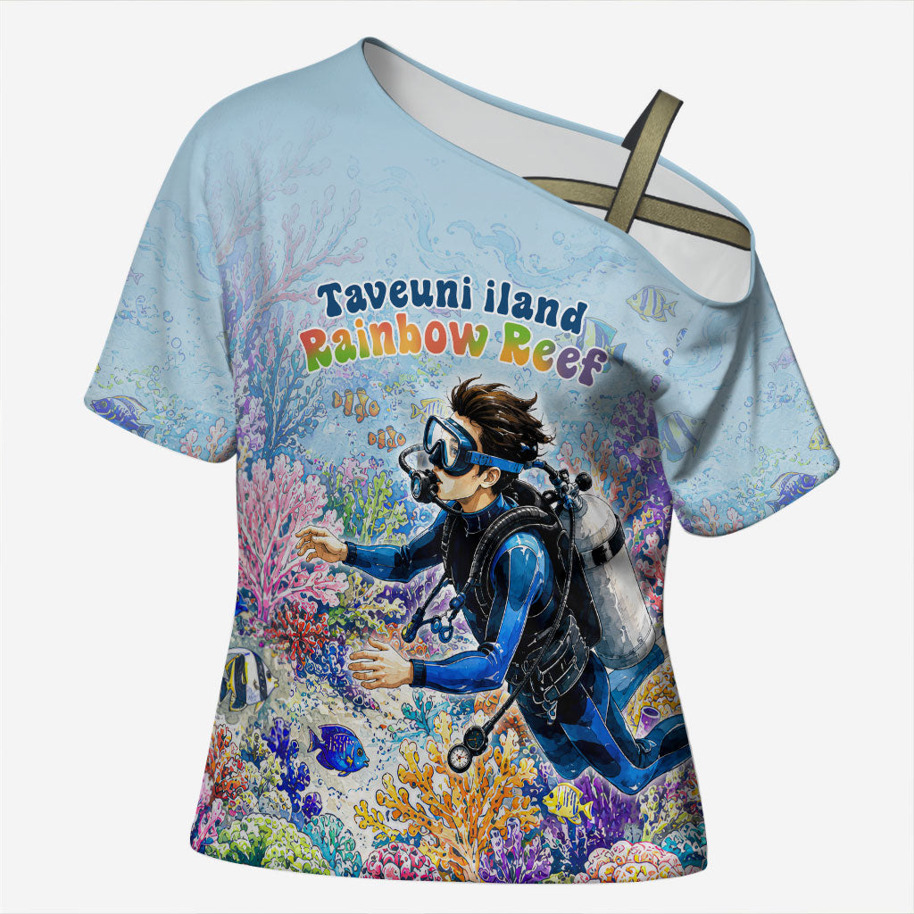 Fiji Taveuni Rainbow Reef Cross Shoulder Shirt Scuba Diver Vibrant Undersea Coral Garden Watercolor