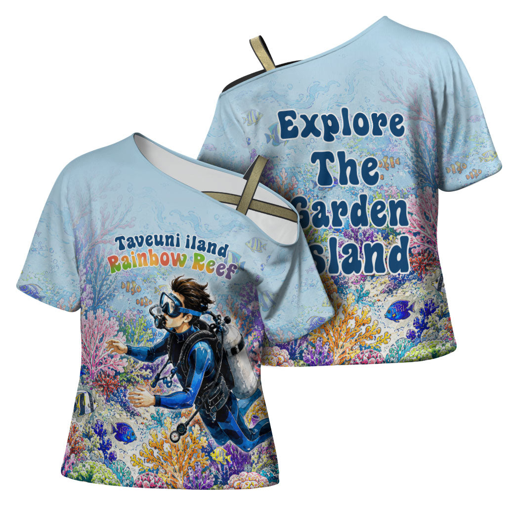 Fiji Taveuni Rainbow Reef Cross Shoulder Shirt Scuba Diver Vibrant Undersea Coral Garden Watercolor