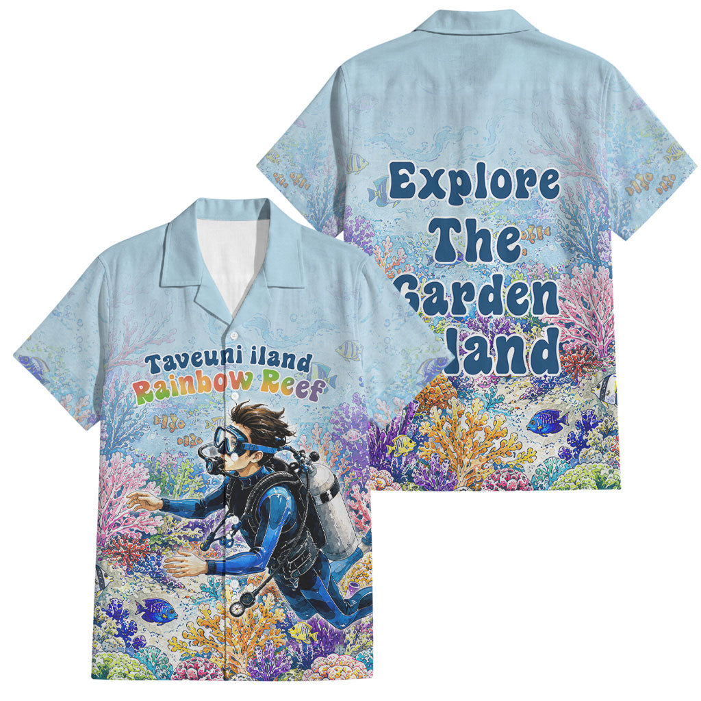 Fiji Taveuni Rainbow Reef Family Matching Mermaid Dress and Hawaiian Shirt Scuba Diver Vibrant Undersea Coral Garden Watercolor