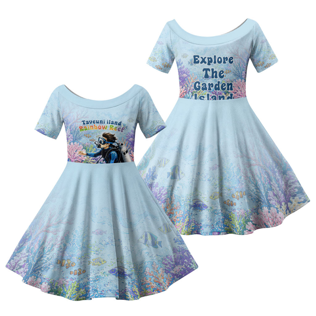Fiji Taveuni Rainbow Reef Family Matching Mermaid Dress and Hawaiian Shirt Scuba Diver Vibrant Undersea Coral Garden Watercolor