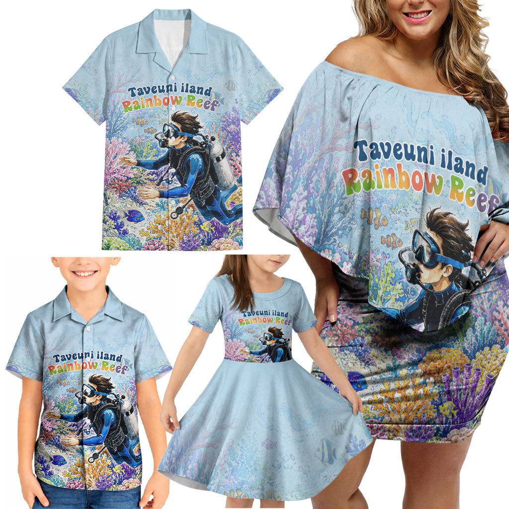 Fiji Taveuni Rainbow Reef Family Matching Off Shoulder Short Dress and Hawaiian Shirt Scuba Diver Vibrant Undersea Coral Garden Watercolor