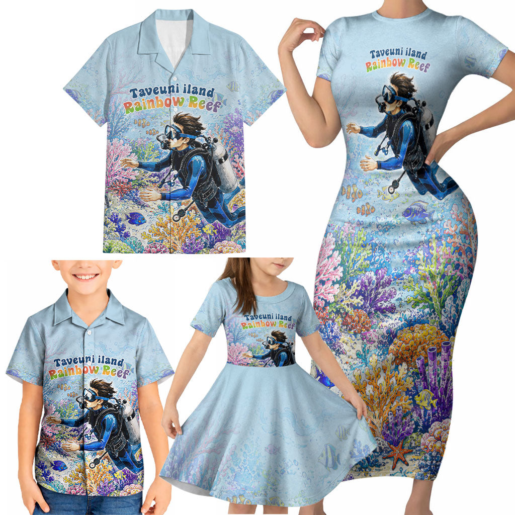 Fiji Taveuni Rainbow Reef Family Matching Short Sleeve Bodycon Dress and Hawaiian Shirt Scuba Diver Vibrant Undersea Coral Garden Watercolor