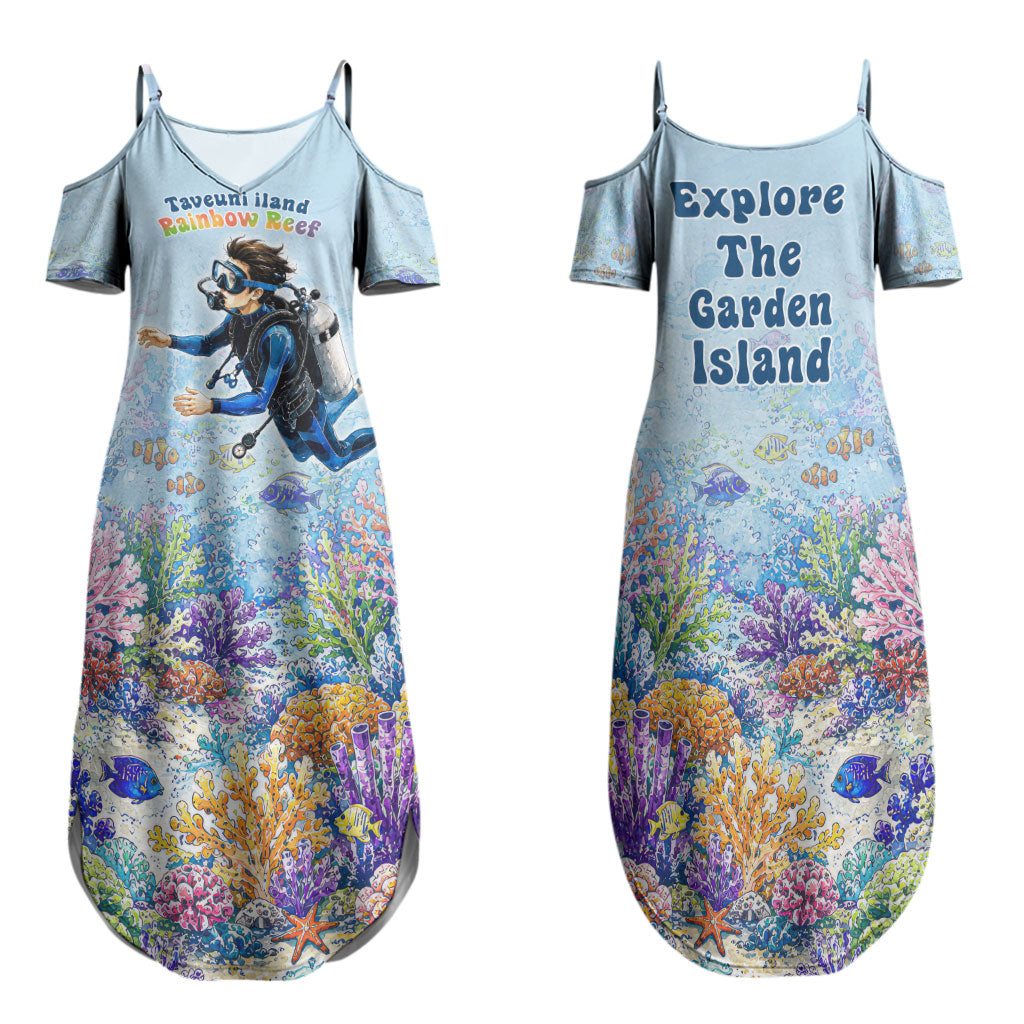 Fiji Taveuni Rainbow Reef Family Matching Summer Maxi Dress and Hawaiian Shirt Scuba Diver Vibrant Undersea Coral Garden Watercolor