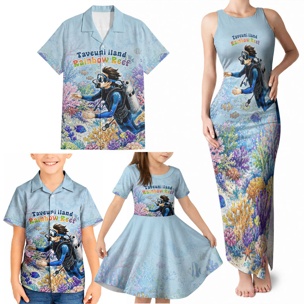 Fiji Taveuni Rainbow Reef Family Matching Tank Maxi Dress and Hawaiian Shirt Scuba Diver Vibrant Undersea Coral Garden Watercolor