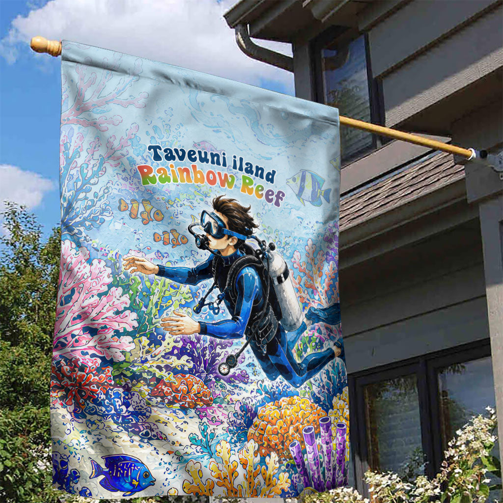 Fiji Taveuni Rainbow Reef Garden Flag Scuba Diver Vibrant Undersea Coral Garden Watercolor