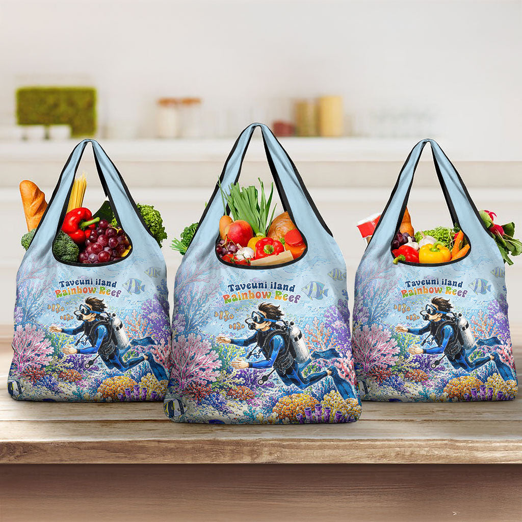 Fiji Taveuni Rainbow Reef Grocery Bag Scuba Diver Vibrant Undersea Coral Garden Watercolor