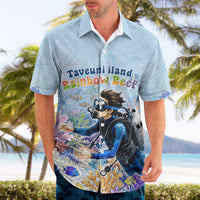 Fiji Taveuni Rainbow Reef Hawaiian Shirt Scuba Diver Vibrant Undersea Coral Garden Watercolor