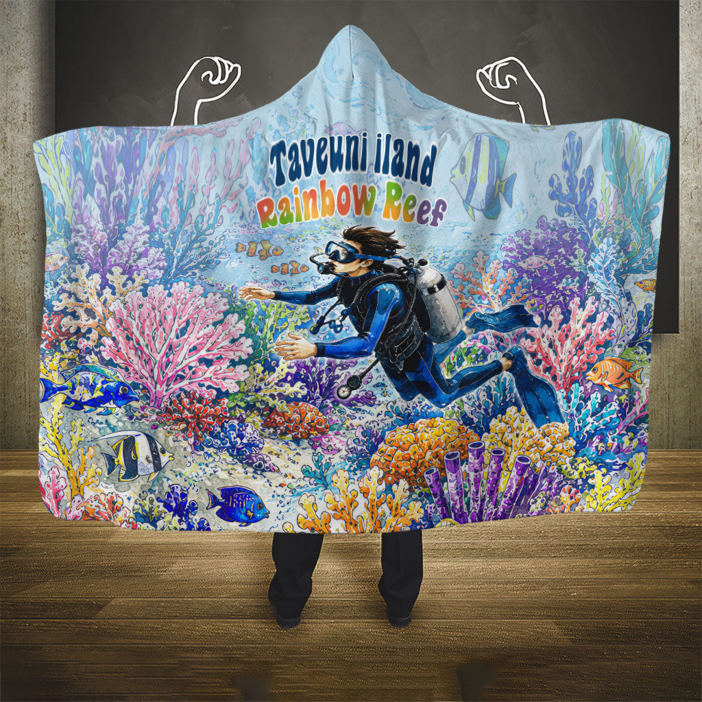 Fiji Taveuni Rainbow Reef Hooded Blanket Scuba Diver Vibrant Undersea Coral Garden Watercolor