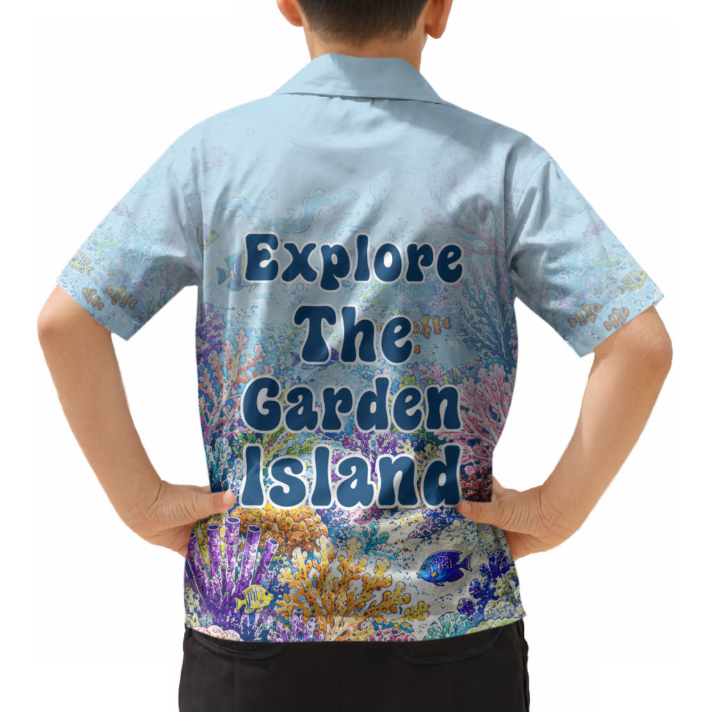 Fiji Taveuni Rainbow Reef Kid Hawaiian Shirt Scuba Diver Vibrant Undersea Coral Garden Watercolor