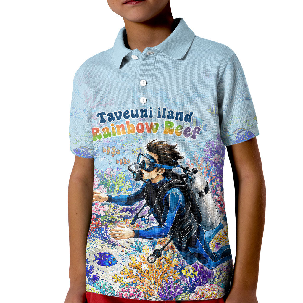 Fiji Taveuni Rainbow Reef Kid Polo Shirt Scuba Diver Vibrant Undersea Coral Garden Watercolor