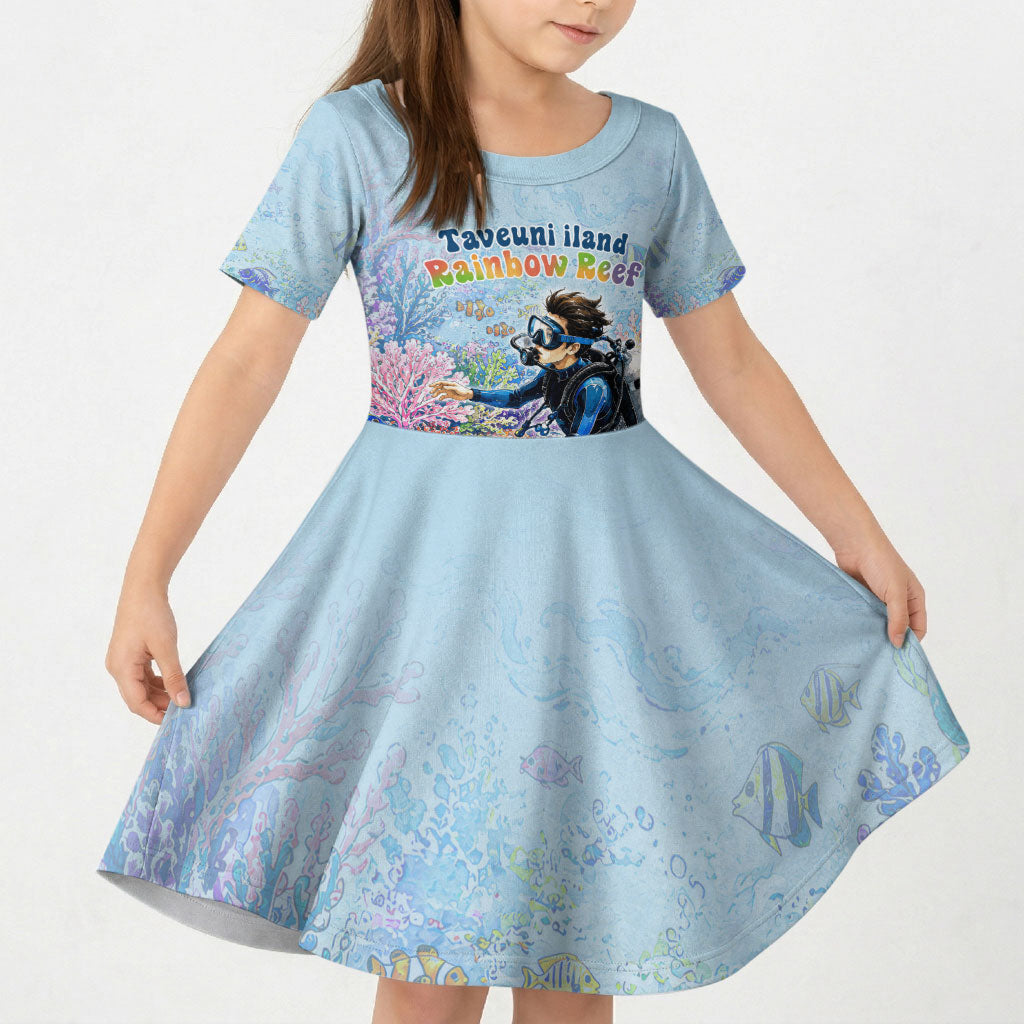 Fiji Taveuni Rainbow Reef Kid Short Sleeve Dress Scuba Diver Vibrant Undersea Coral Garden Watercolor